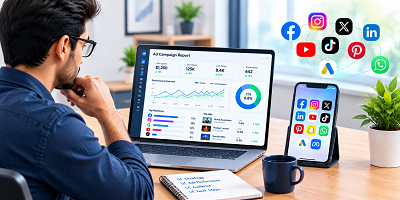 Marketer reviewing an ad campaign report image